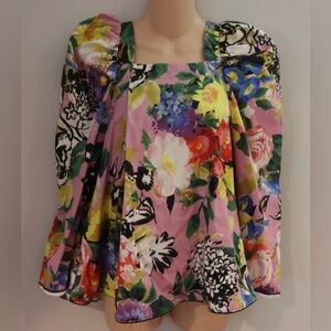 TISH COX Mini Duchess Top Puff Shoulder Pink Multi Floral size XS